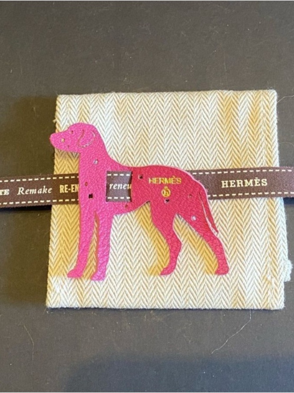 🛍️Hermès Authentic Petit H Pink Leather Dalmatian Charm with Hermes’ Ribbon